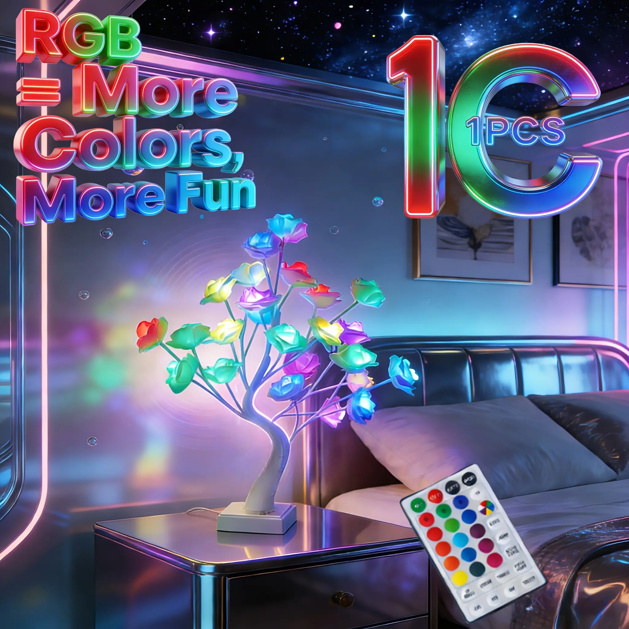1PC 24 Modes Color Changing LED Rose Tree Lamp with Remote, Multiple Styles Smart USB Powered Plug-in Flower Light for Aesthetic Room Decor, Summer Holiday Party, Halloween, Wedding Birthday Romantic Mood Gift