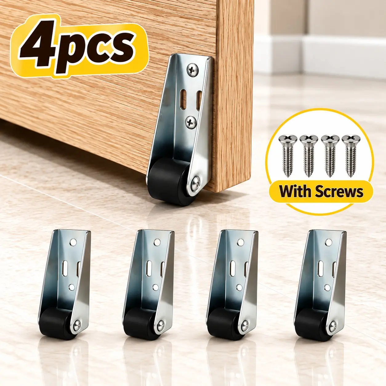 4 Pack Door Anti-Sag Support Rollers with Mounting Screws, Metal Bracket and Black Directional Wheels, Screw-On Bottom Door Support Casters for Swing Doors, Gates, Cabinets and DIY Home Repair