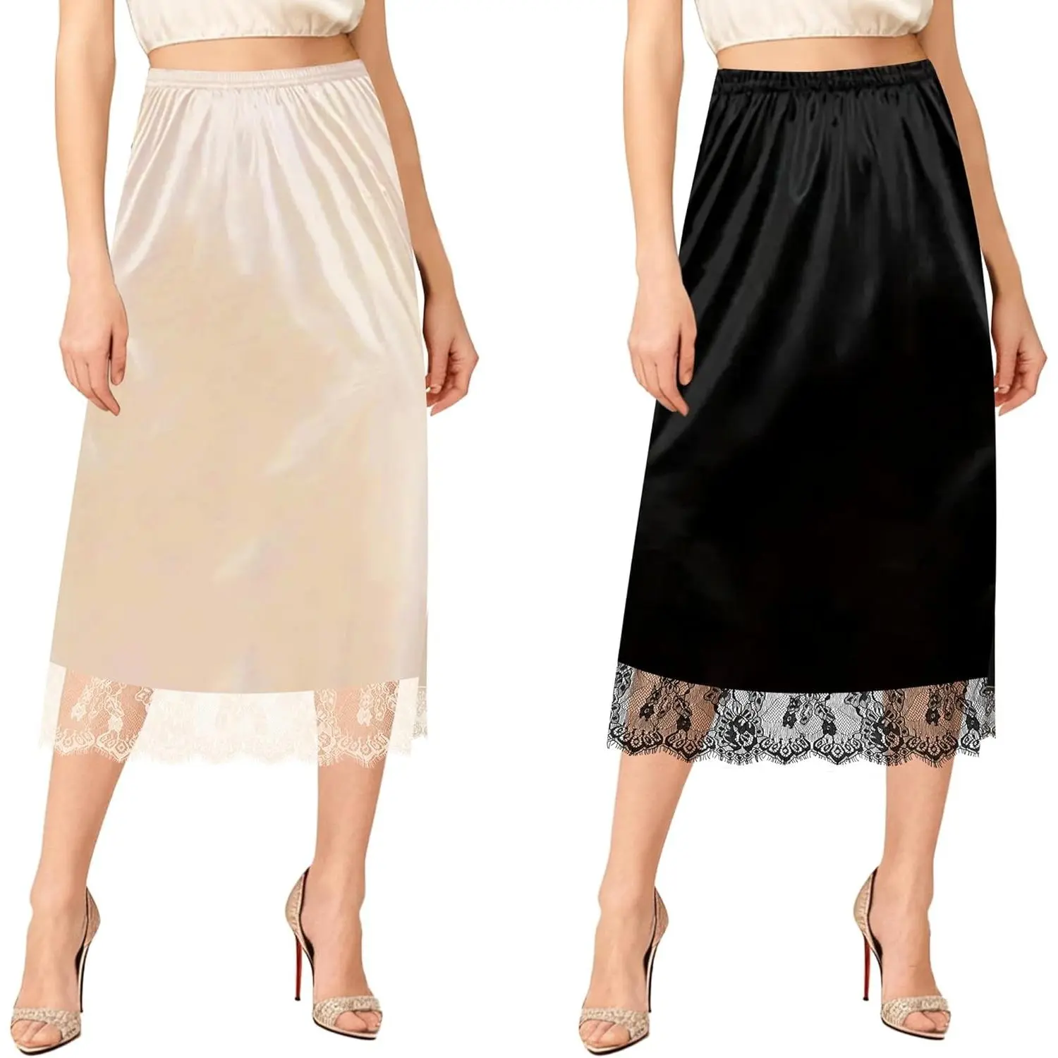 Women's 2-Piece Silky Satin Lace Half Slips - Casual, Smooth Underskirts for Dresses, Skirt Extender for Prom, Bridal Use