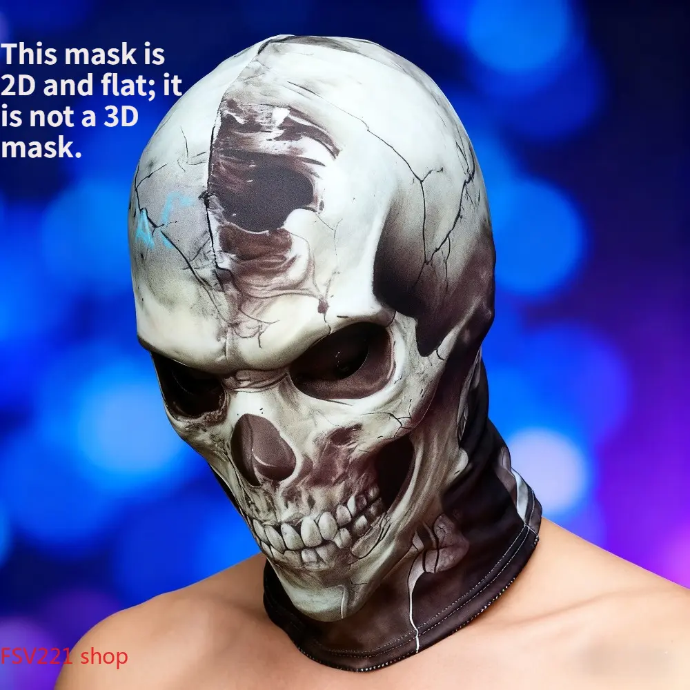 Non-3D Skull Print Halloween Hood 2D Skeleton Print Halloween Mask, Breathable Full-Cover Headgear for Parties & Cosplay  2D Printed Headgear for Halloween Parties & Events campingessentials
