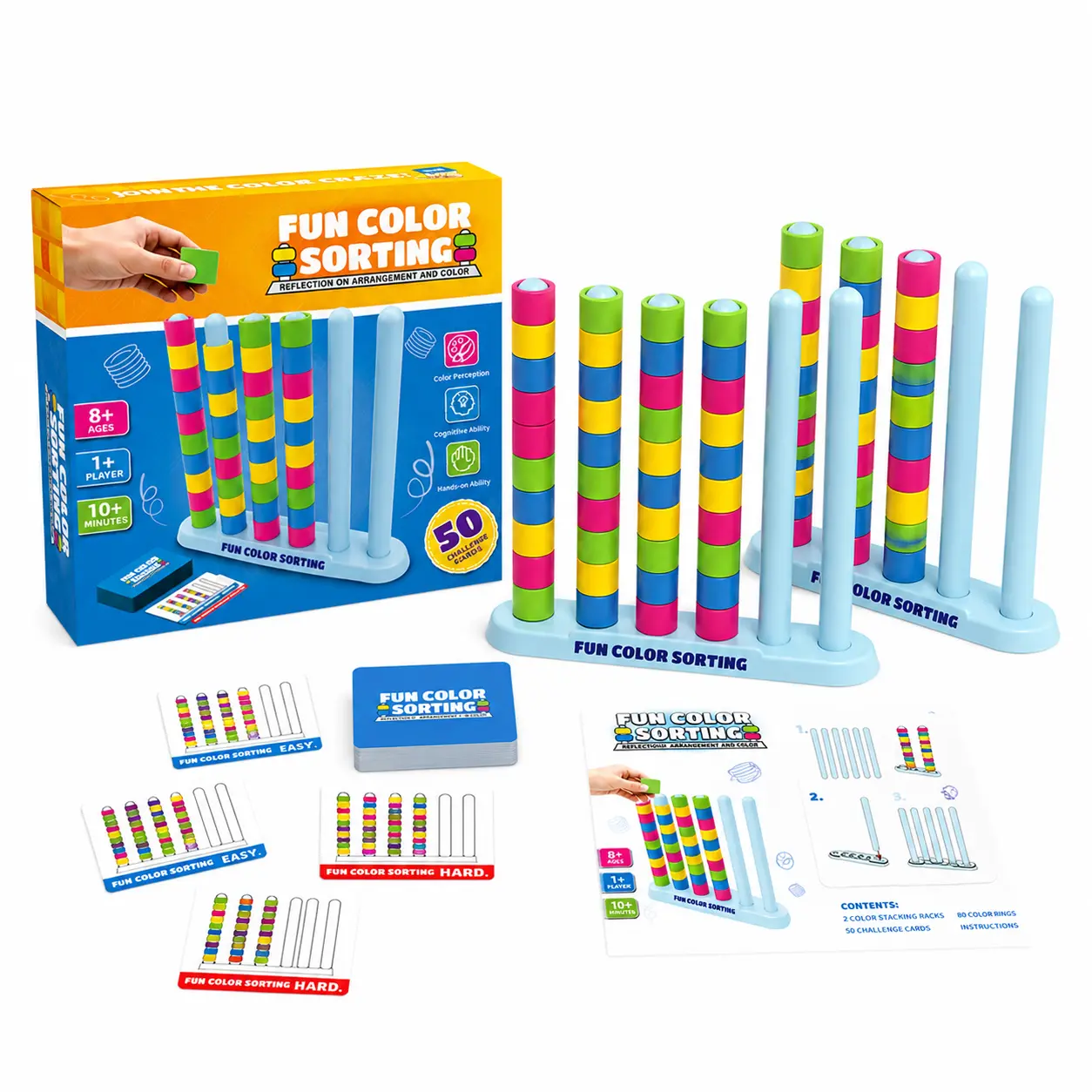 "Color Stack Challenge" Fast-Paced Color-Matching Logic Game for Ages 8+, Versatile Gift for Parties & Family Game Nights, Includes 2 Stacking Stands, 50 Challenge Cards, 80 Rings, Instruction Manual, Compact, Portable, Durable and Reusable