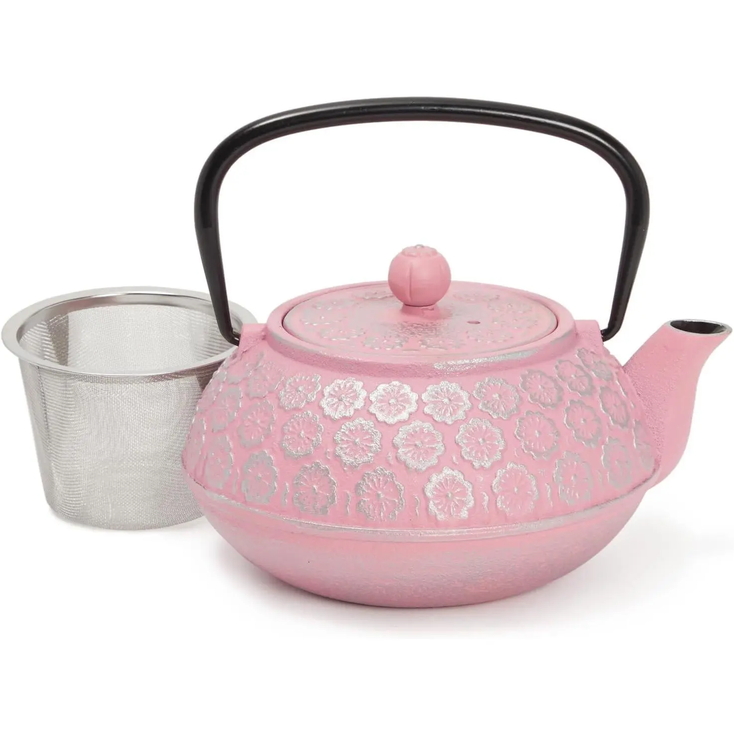 34oz Floral Cast Iron Tea Kettle Set - Heat Retention, Stainless Steel Infuser, Loose Leaf Steeper - Pink Kitchen Tea & Coffeeware for Everyday Use