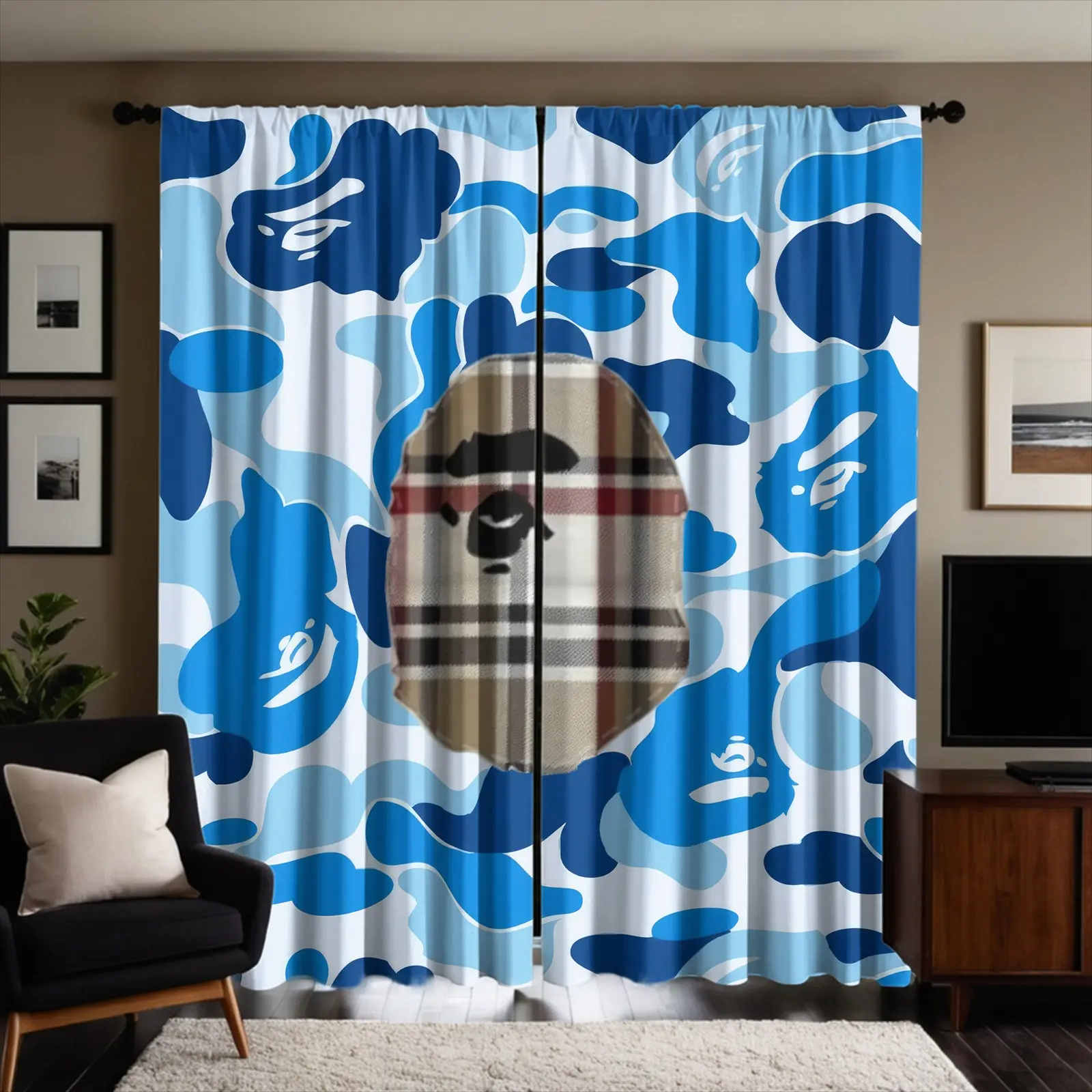 2pcs Blue Camouflage Checkered Spliced Ape Head Printed Curtains, Fashionable And Trendy Street Style, Brushed Fabric, Semi Blackout Curtains (Taking Into Account Privacy Protection), Not Easy To Fade, Pole Style Design; For Bedroom And Living Room Decor