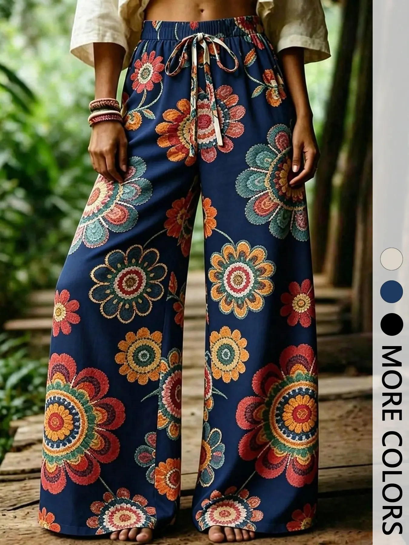 1 Piece Women Boho Floral Print Elastic Drawstring Waist Wide Leg Floor Length Casual Vacation Pants