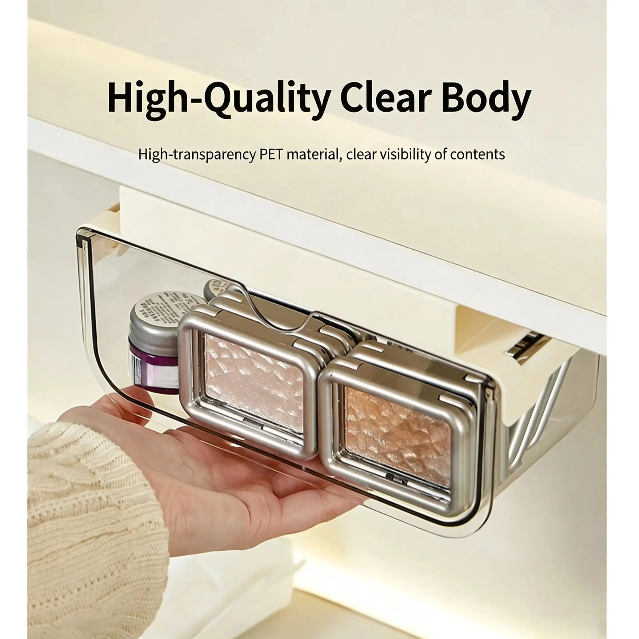 Under Cabinet Pull Out Storage Organizer, Self Adhesive Hanging Drawer Bin with Clear PET Design, Vanity Cabinet Organizer for Cotton Swabs, Makeup Pads, Cosmetics, Bathroom and Kitchen Storage