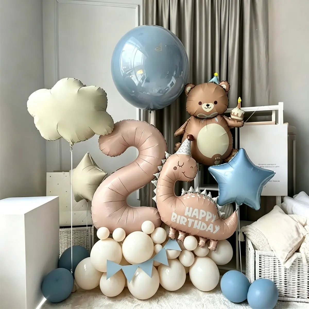 Cartoon Cream Coffee Color Dinosaur Bear Number Aluminum Foil Balloons Set, Vintage Blue Balloons and Bubble Balls, Party Decorations, Birthday Decorations