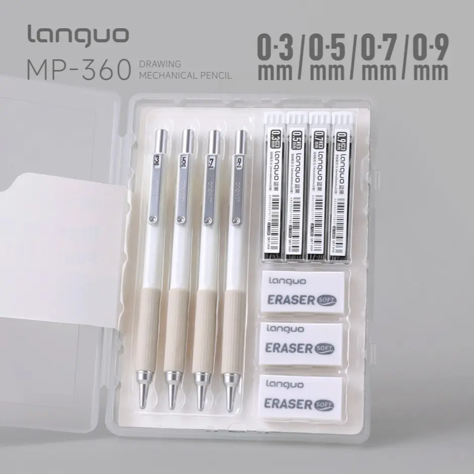 Languo 11-Piece Drawing Mechanical Pencil Set, 0.3-0.9mm Metal Tips, Includes Art Pencils, Refills, Erasers, Ideal for Artists and Designers