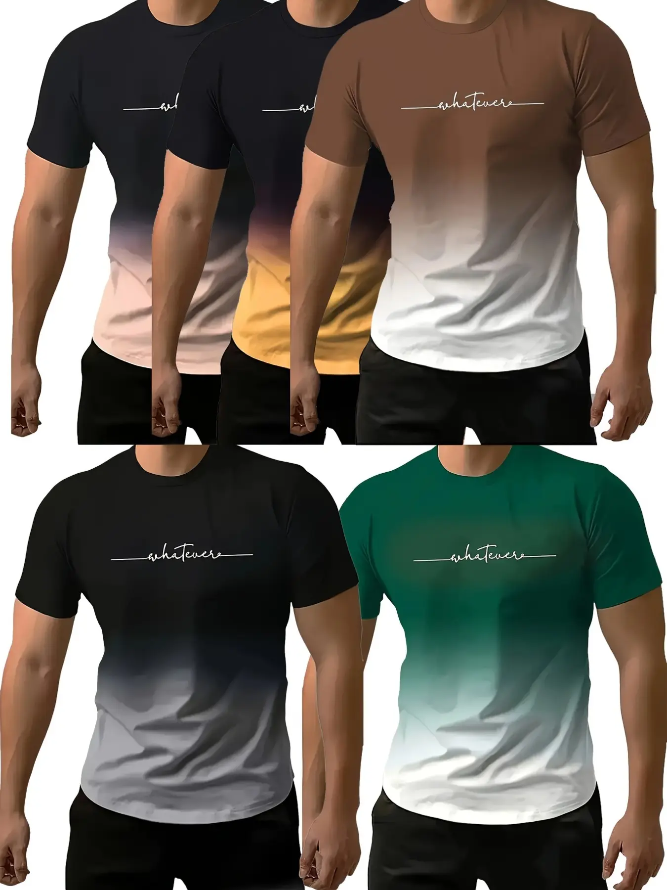 5pcs Gradient Ombre Men's Short Sleeve T-Shirts, Casual Trendy Graphic Round Neck Tops, Slim-Fitting Multi-Pack, Fashionable Summer Wear