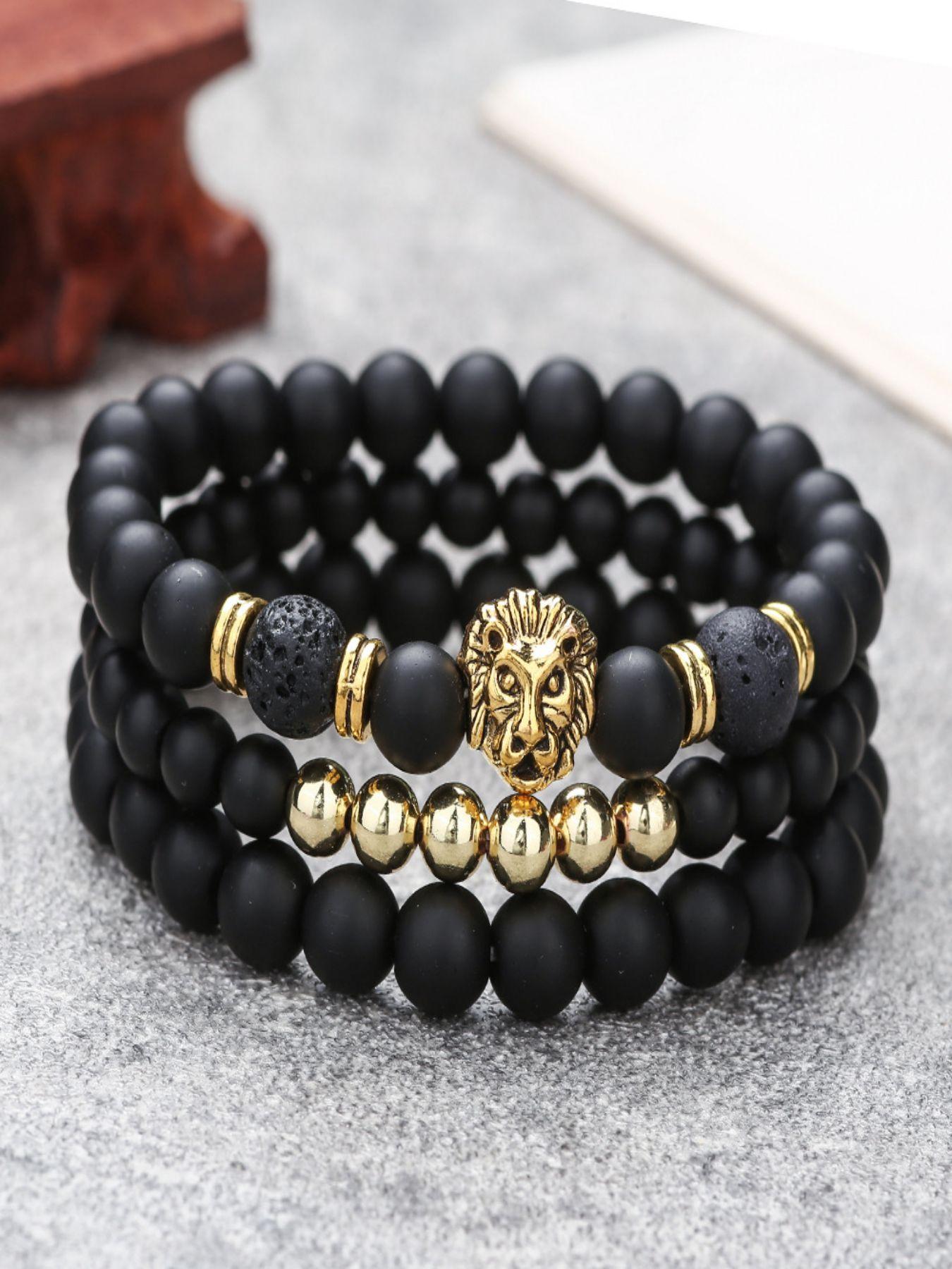 Men's Vintage Lion Head Decor Beaded Bracelets, Trendy Natural Stone Stackable Bracelets, Fashion Jewelry for Party, Daily Decor, Trendy Jewellery Accessories