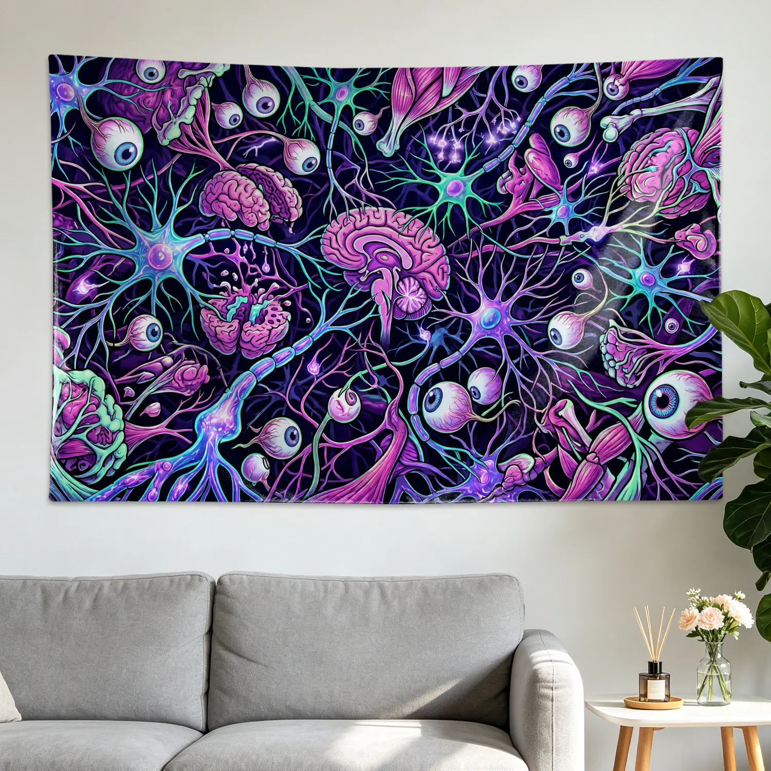 Neon Biology Neuron Brain Science Wall Tapestry - Multi-Size Large Printed Horizontal Polyester Colorfast Decor Artwork, No-Installation Room Decoration Wall Hanging, Gift Idea for Family