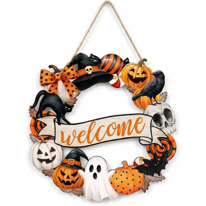 Halloween welcome wreath sign, 11-inch wooden door hanging pumpkin, ghost and bat, simple Halloween welcome wreath wooden sign front door hanging, holiday party, family and porch decoration, Decorative Ornament, Festive Decoration