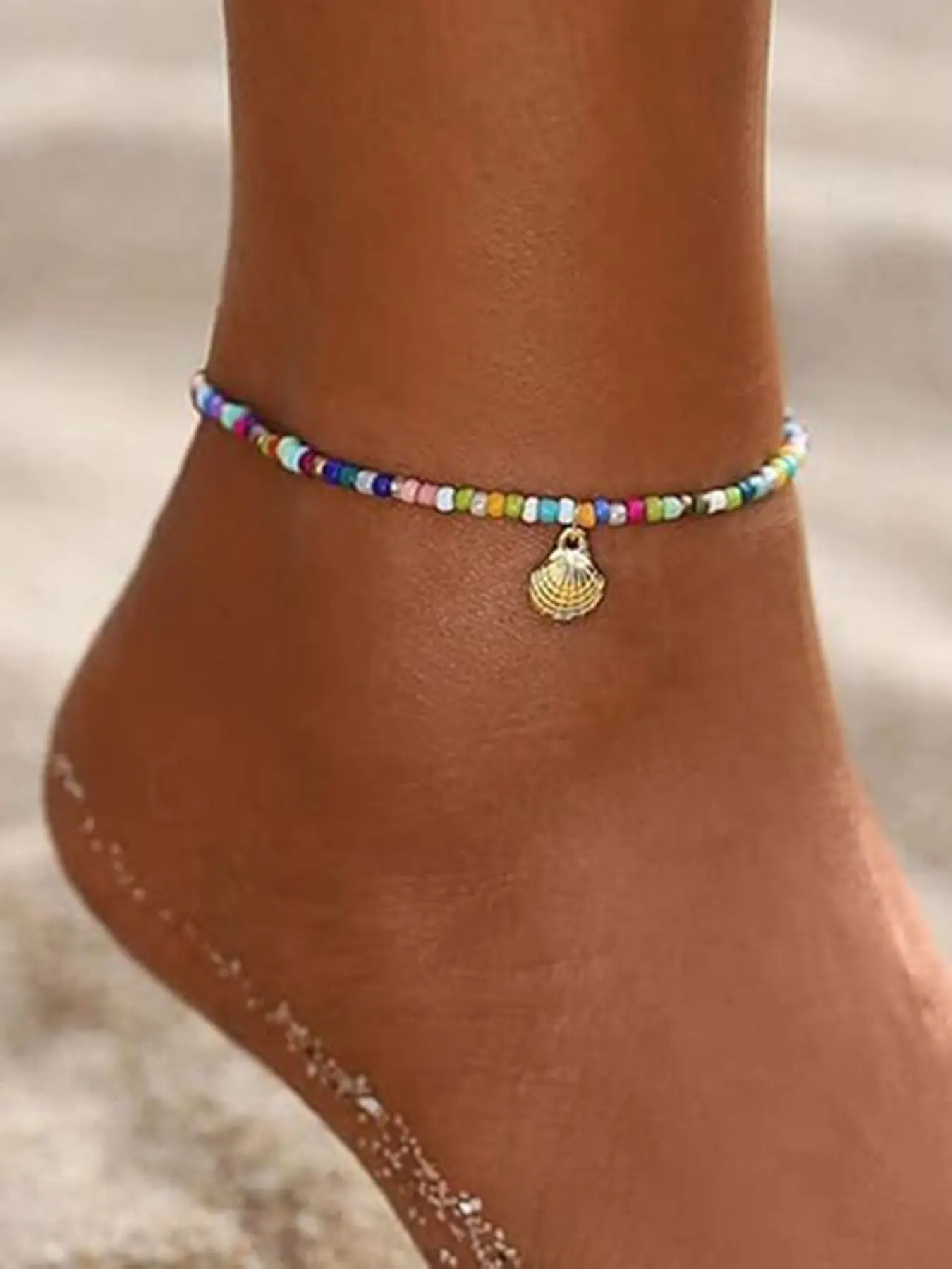 Rainbow Beaded Shell Anklet, Summer Beach Vibes Accessory, Layered Anklet, Trendy Jewelry, Dual Layer Rainbow Pearl Design, & Silver Color Pendant