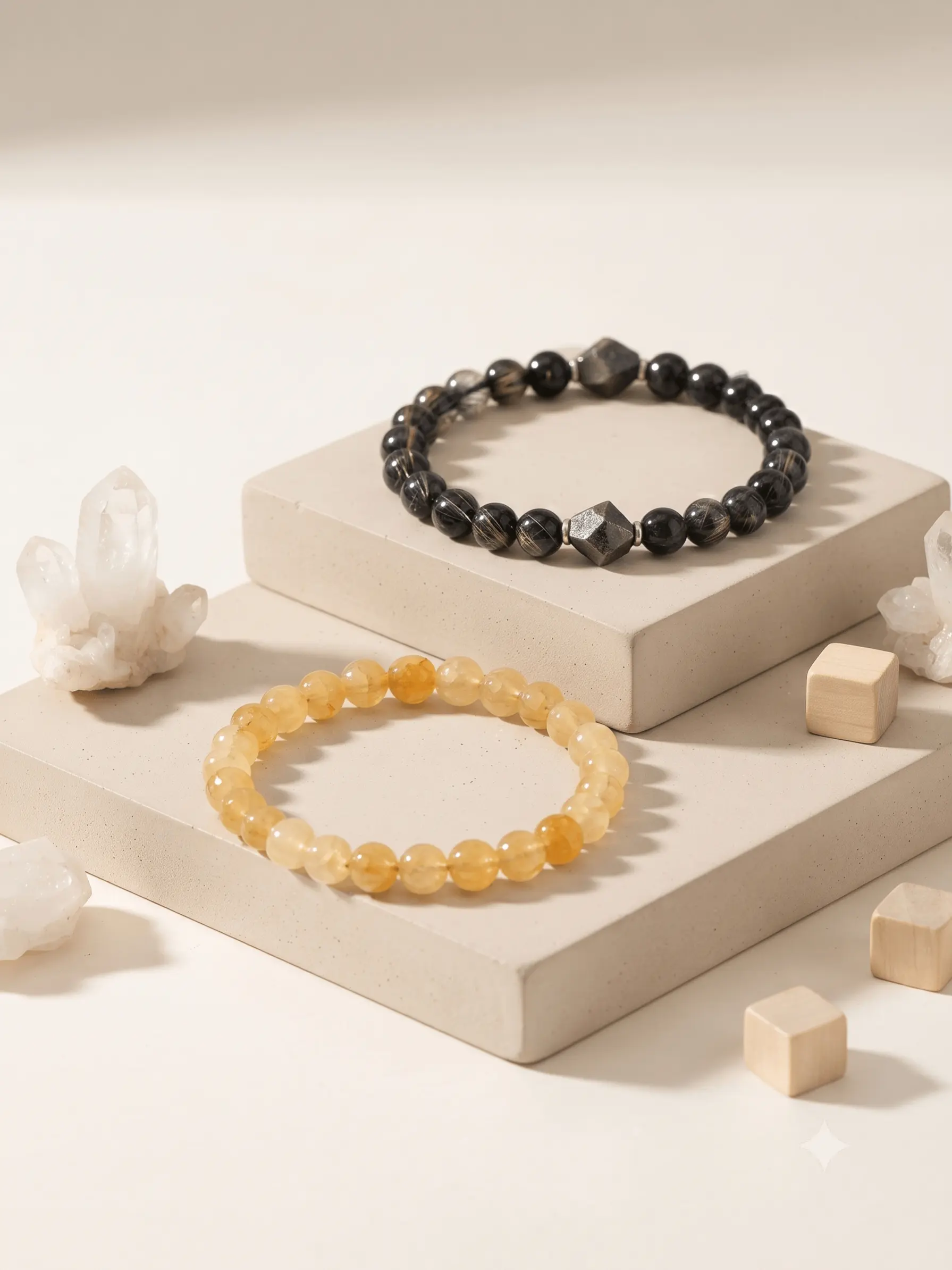 2Pcs Natural Crystal Bracelet Set, Rutilated Quartz & Black Tourmaline Pyrite Stone Bead Bracelet, Wealth Protection Healing Energy Crystal Jewelry, Neutral Minimalist Spiritual Accessory, Men Women Daily Wear Gift