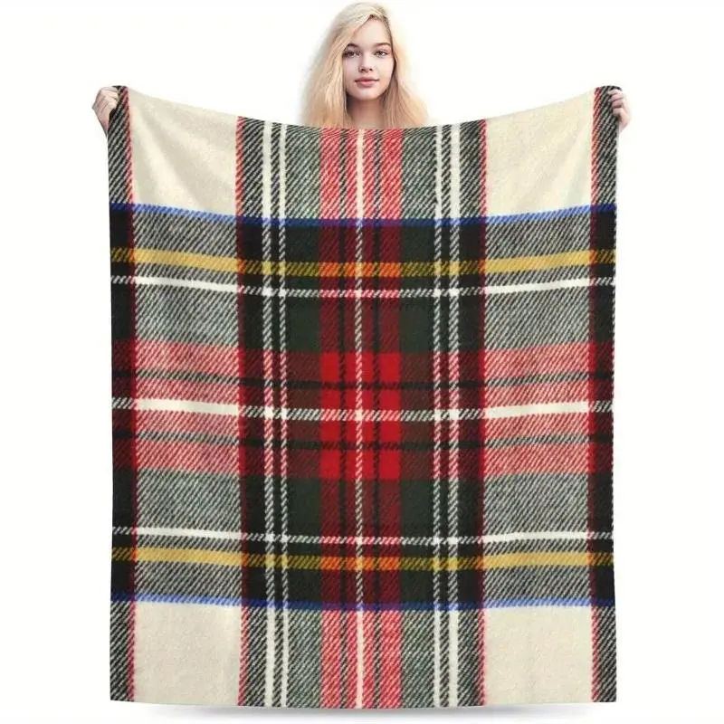 Scottish Tartan Red and White Plaid Flannel Throw Blanket (80x60in) - Wrinkle-Resistant, Durable, Cooling, Lightweight Plush Bedding for Bedroom, Room Decor, House Decor, Cozy Setup, Fluffy Blankets, Watch Party