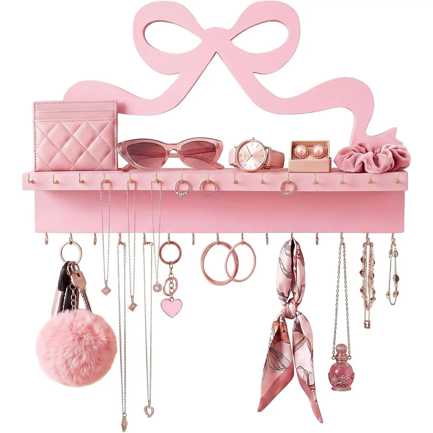 Novabright Pink Wooden Wall-Mounted Jewelry Organizer with Shelf, 30-Hook Necklace Holder, Coquette Storage Rack for Necklaces, Bracelets, Rings, Blush Pink Room Decor Shelves, Ideal Gift for Wife, Christmas, Anniversaries, Wall Mount, Cute, Multifunction