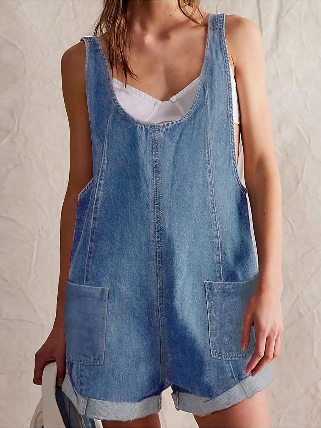 Women's Solid Color Denim Overalls, Casual Comfy Breathable Fabric Basic Fitted Sleeveless Overalls for Daily Wear, Ladies Clothes for Spring & Summer, Womenswear, Dungarees, Denim Rompers, Summer Jean Romper, Denim Jumpsuit, Blue