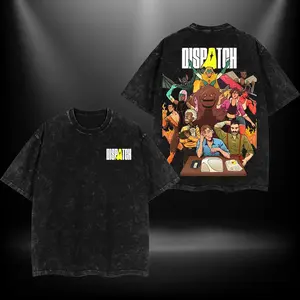 Retro Dispatch Bold Yellow White Letter Chest Logo & Full Animated Ensemble Character Group Collage Dual-Sided Vintage Washed Black T-Shirt, Unisex Oversized Heavyweight Cotton Streetwear Top, Ideal Gift for Dispatch Fans