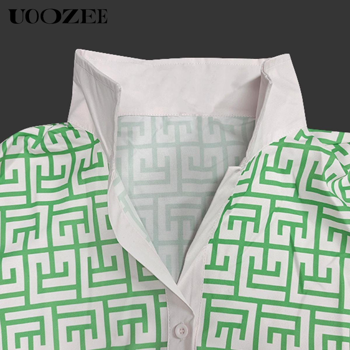UOOZEE Women's Green Geometric Print Three-Quarter Sleeve Buttoned Collared Mini Dress Casual Summer Shirt Style Stylish Design No Stretch Cotton Blend Soft Everyday Wear Womenswear Spring UOOZEE Women's Green Geometric Print Three-Quarter Sleeve Buttoned Collared Mini Dress Casual Summer Shirt Style Stylish Design No Stretch Cotton Blend Soft Everyday Wear Womenswear Spring