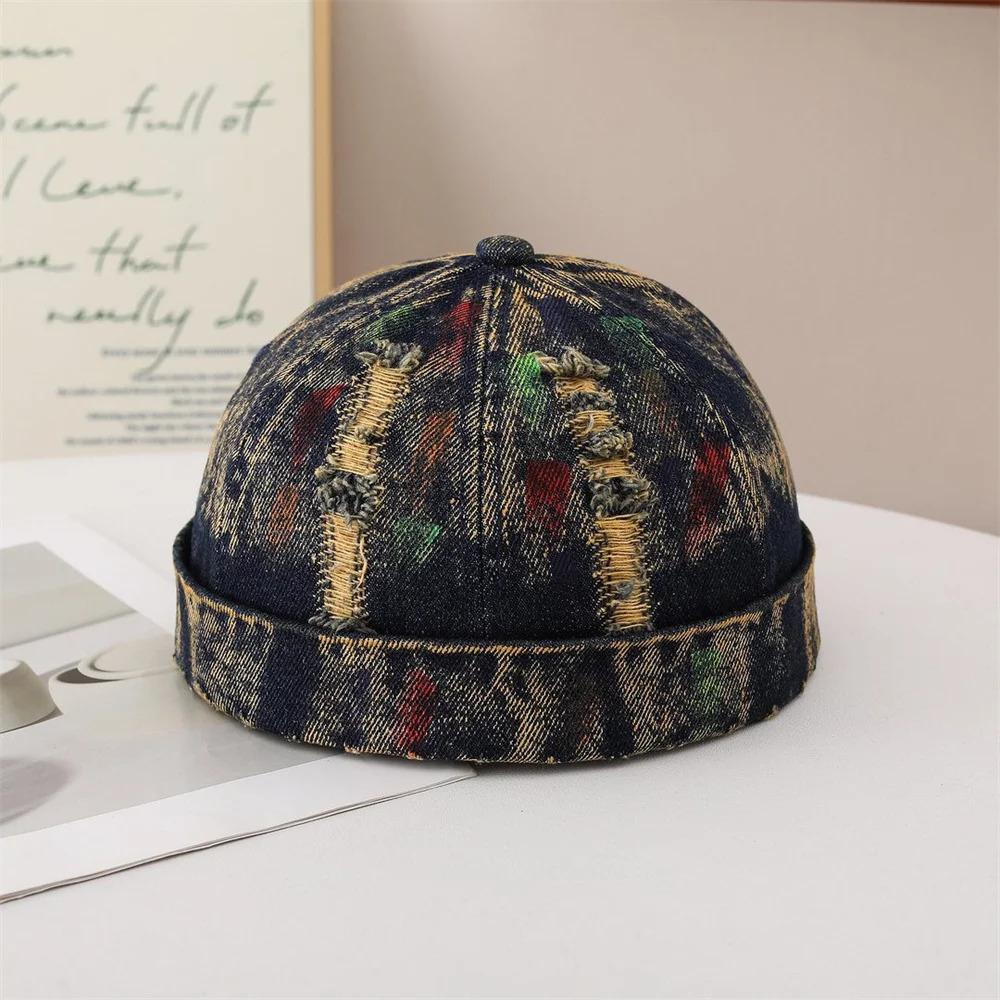 Vintage Distressed Denim Docker Cap for Men Women Retro Washed Miki Hat with Colorful Graffiti Print Streetwear Brimless Beanie