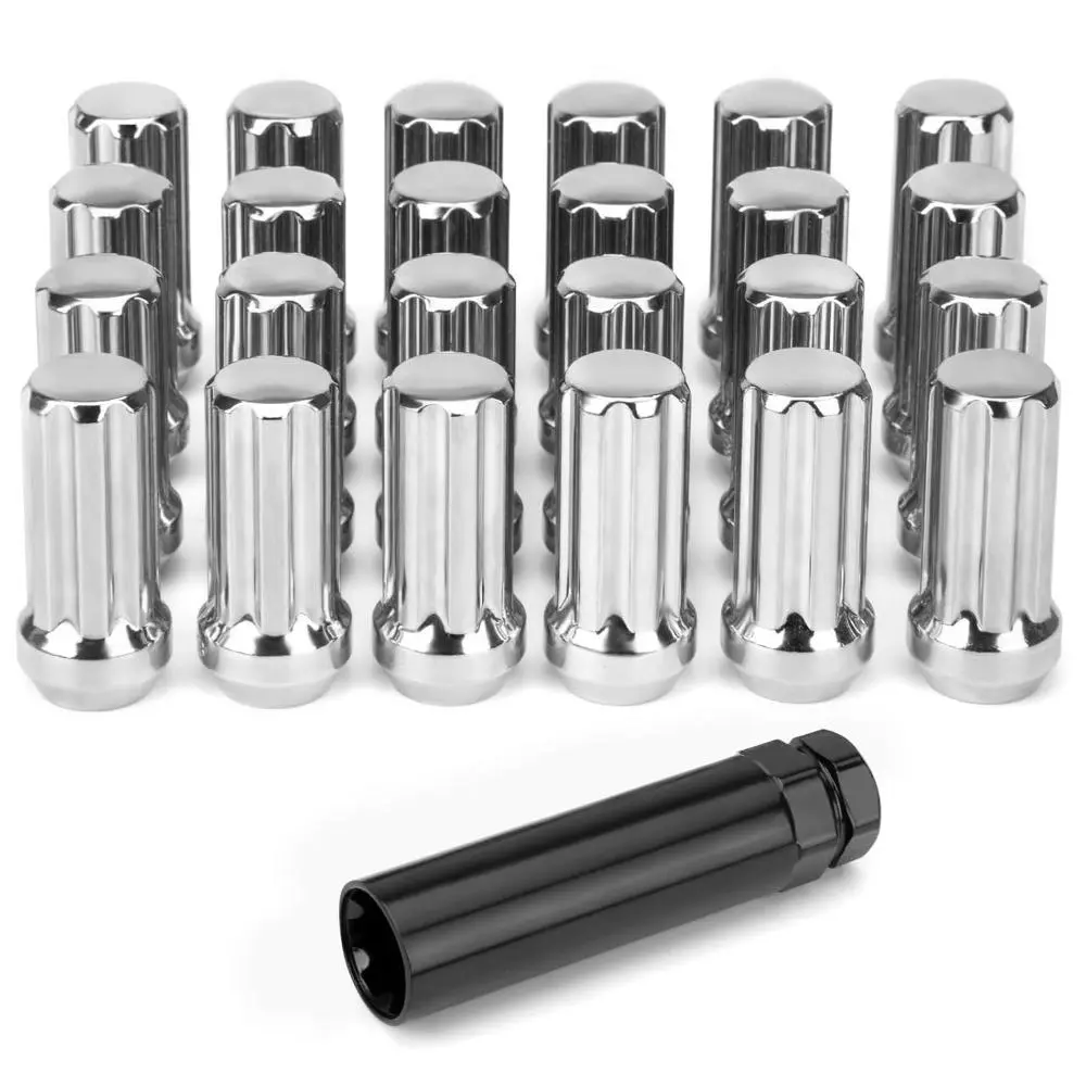 14x1.5 Lug Nuts Replacement For Chevy Silverado, Tahoe, Suburban, Ford F-150, GMC Sierra, Yukon, 24PCS M14x1.5 7 Spline Wheel Lug Nuts Chrome Drive Cone Seat with Socket Key For Aftermarket Wheels