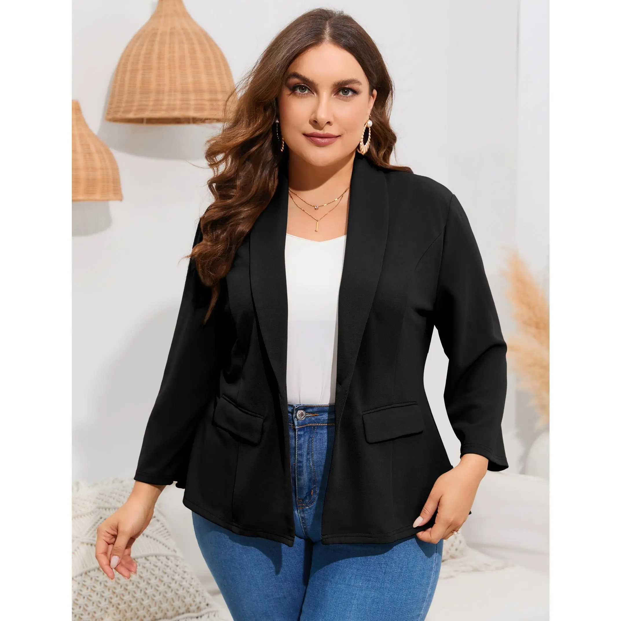 YF Plus Size Women Shawl Collar Single Button Peplum Blazer 3/4 Sleeve Pocket Open Front Knit Suit Jacket Curvy Fit Office Work Outerwear Spring Summer Fall Casual Business Coat