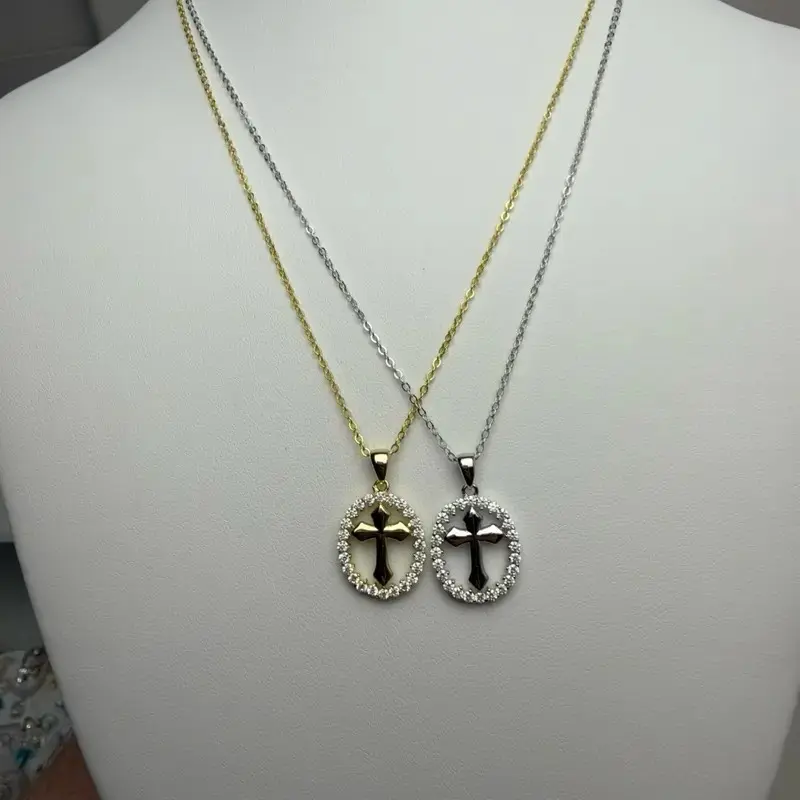 Vermeil Sterling Silver 16-18” Adjustable Anchor Chain With Cross Halo Moissanite Pendant