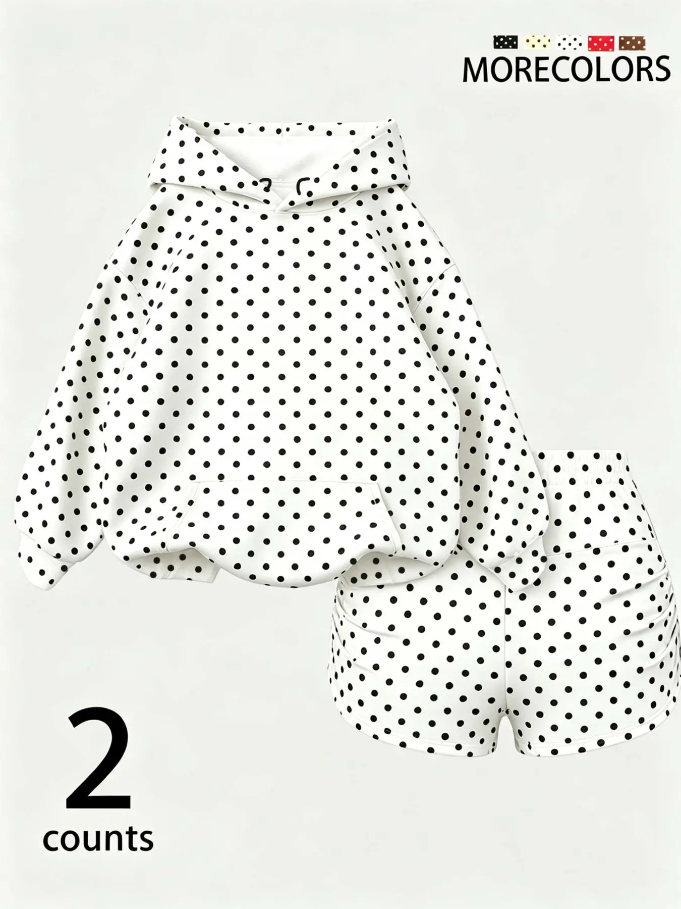 French Polka Dot Hoodie Shorts Set for Women, Loose Fit Casual, High Waist Drawstring Shorts, Fall & Winter Fashion