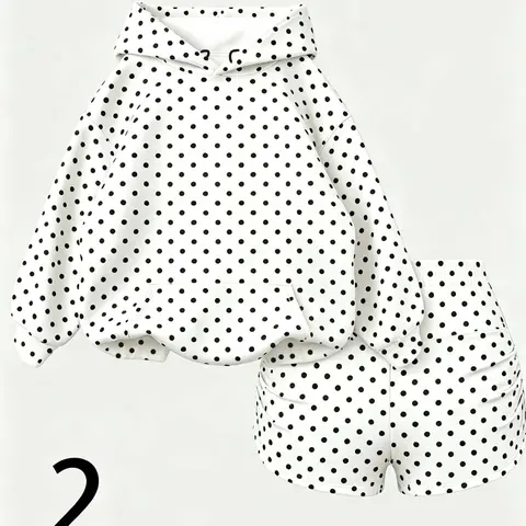 French Polka Dot Hoodie Shorts Set for Women, Loose Fit Casual, High Waist Drawstring Shorts, Fall & Winter Fashion