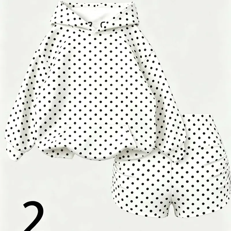 French Polka Dot Hoodie Shorts Set for Women, Loose Fit Casual, High Waist Drawstring Shorts, Fall & Winter Fashion