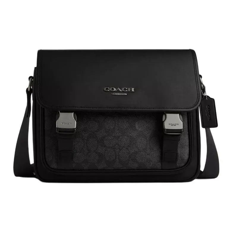 Coach Racer 28 Messenger Bag for Men – Adjustable Strap, Coated Canvas and Smooth Calfskin, Large Size, Charcoal Gray