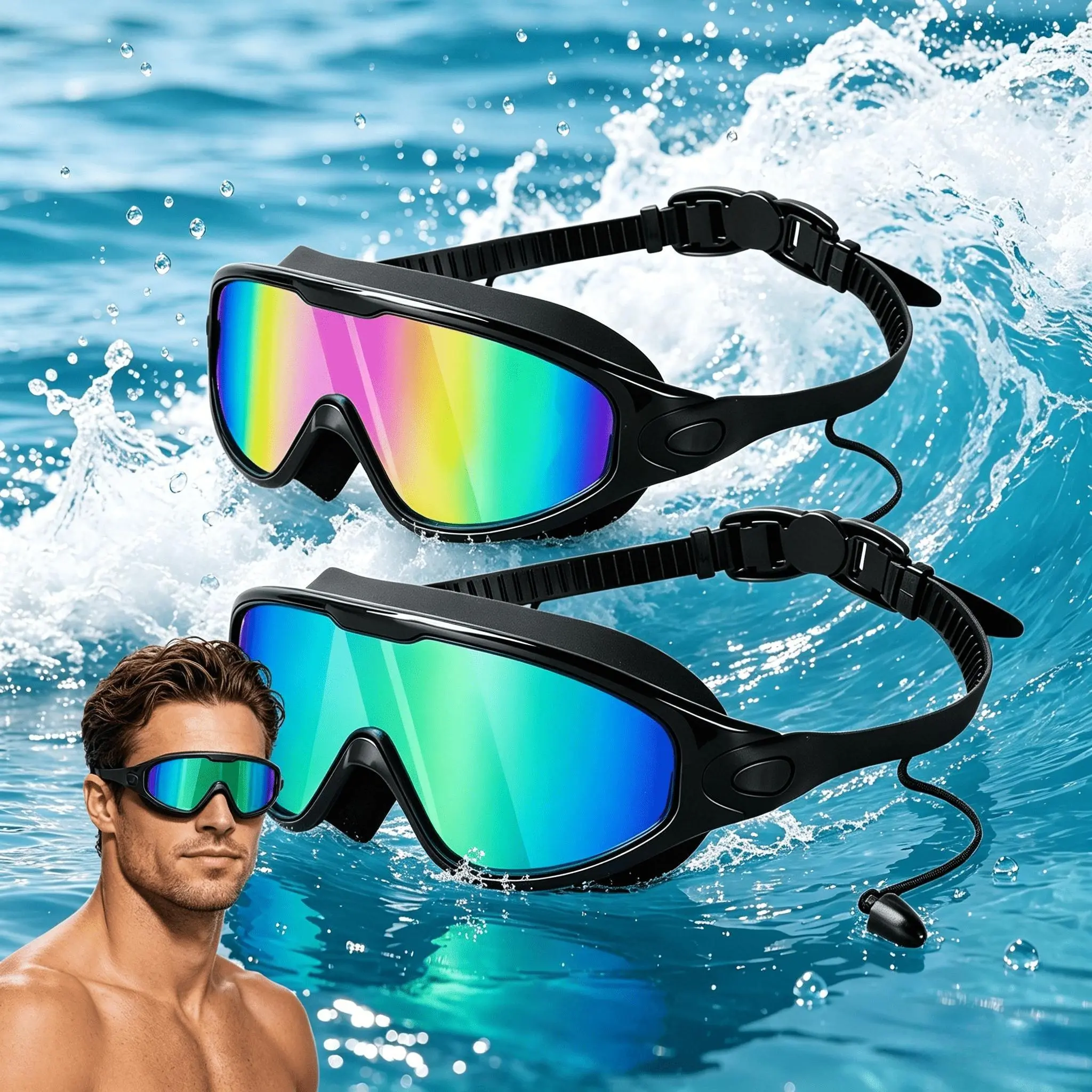 2Pack Adult Swim Goggles, Wide View UV400 Anti-Fog Leakproof Swimming Glasses with Nose Clips, Unisex for Outdoor Water Sports Swimminggoggles Swimmingglasses ,summervibes outdoorfun