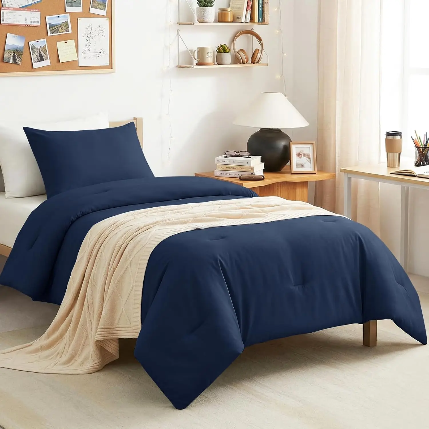 Twin Comforter Set, 2 Pieces Down Alternative Bedding, Navy Blue| 270 GSM Twin XL College Dorm Comforter with 4 Corner Ties Use as a Duvet Insert, OEKO-TEX Certified, 1 Pillowcase, 68 x 88 in