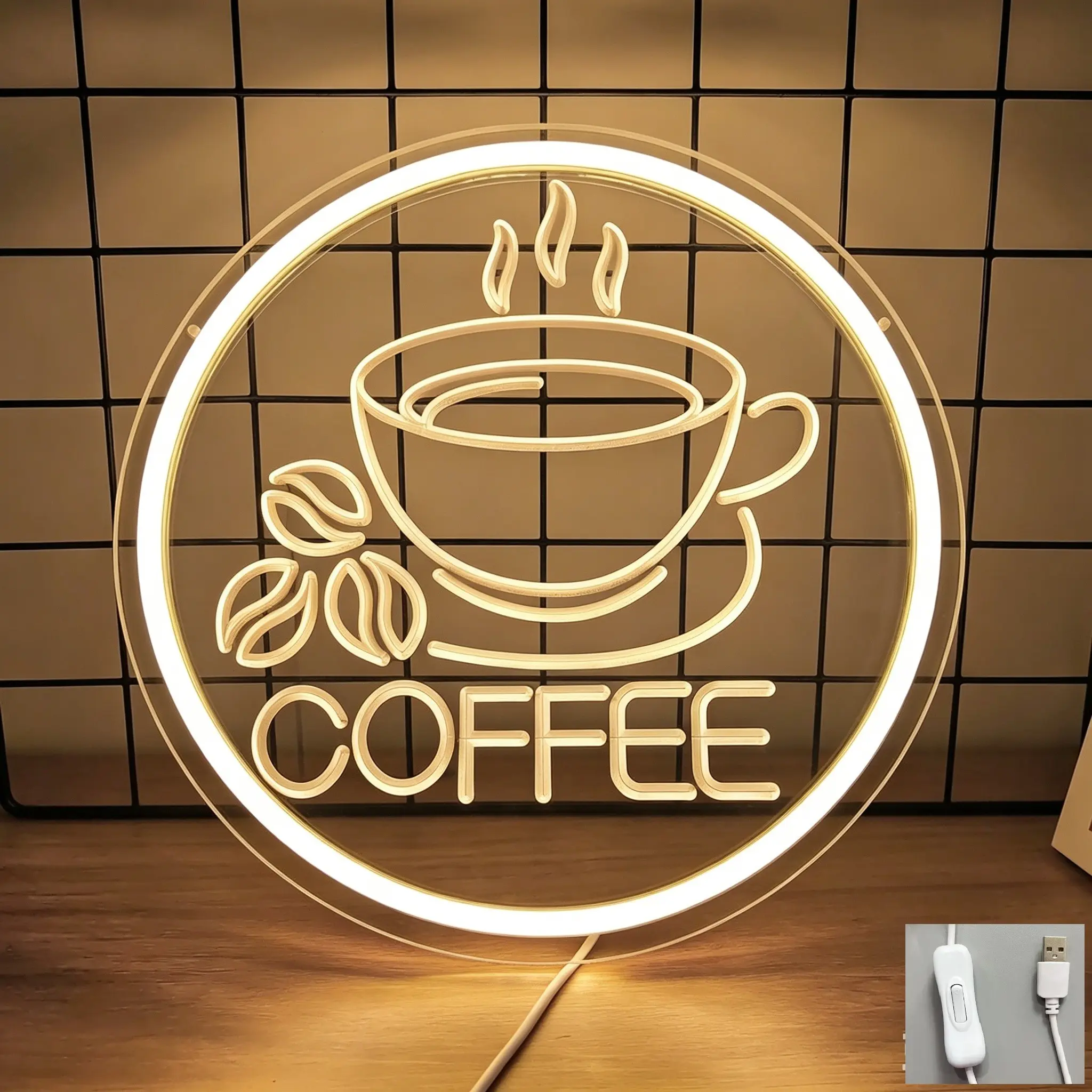 Neon Light Coffee Bean Decorative Lamp, USB Powered, Kitchen Office Cafe Decoration, Letter Carving Design, Single Piece