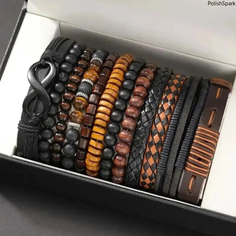 Unisex 12-Pack Vintage Leather Bracelet Set - Adjustable Boho Braided Beads Bracelets with Wooden Beads for Casual Wear