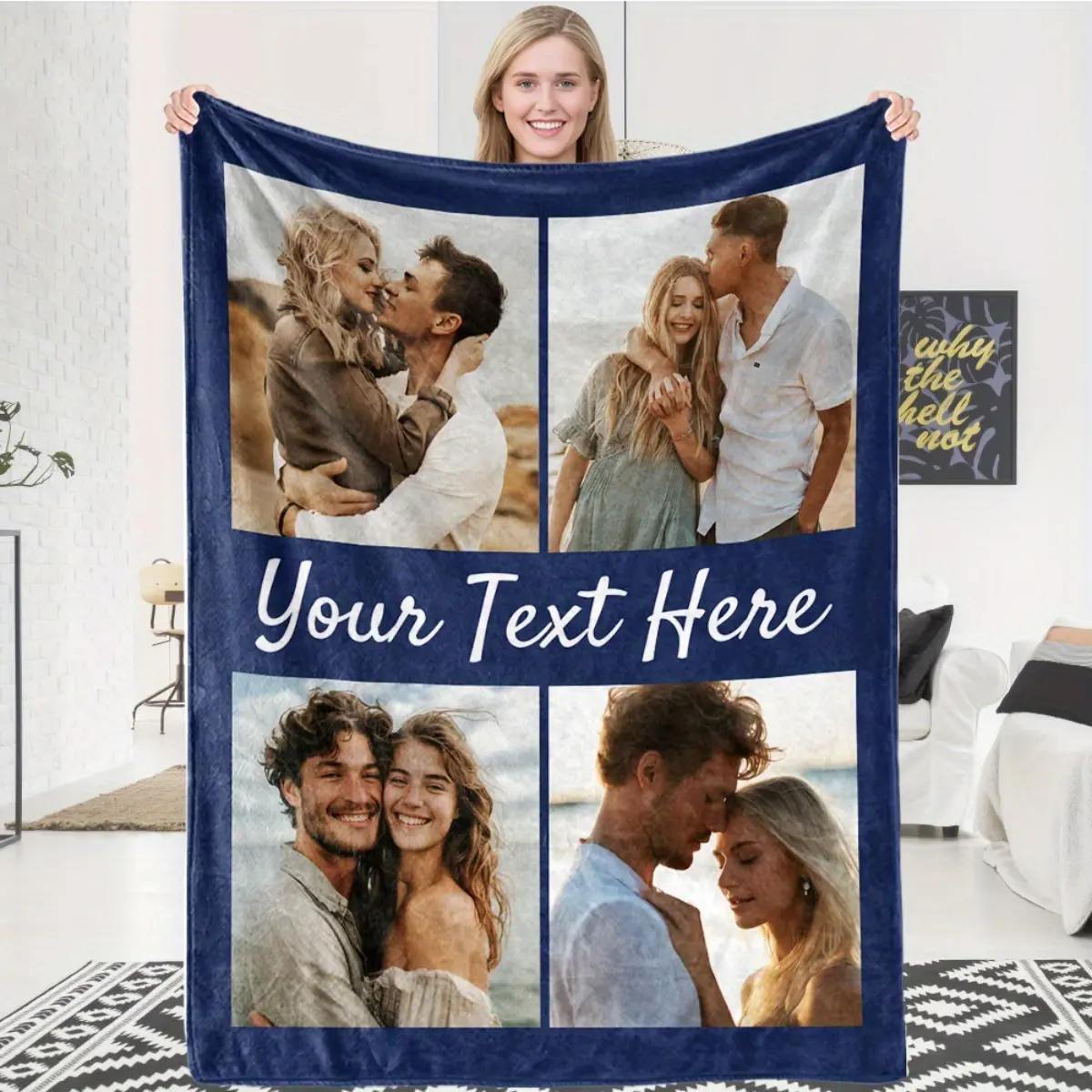 Personalized blanket, can upload 4 photos and 1 text message, 280 grams in weight, ideal custom gift for family, friends, parents, Halloween, birthdays, weddings, and other occasions