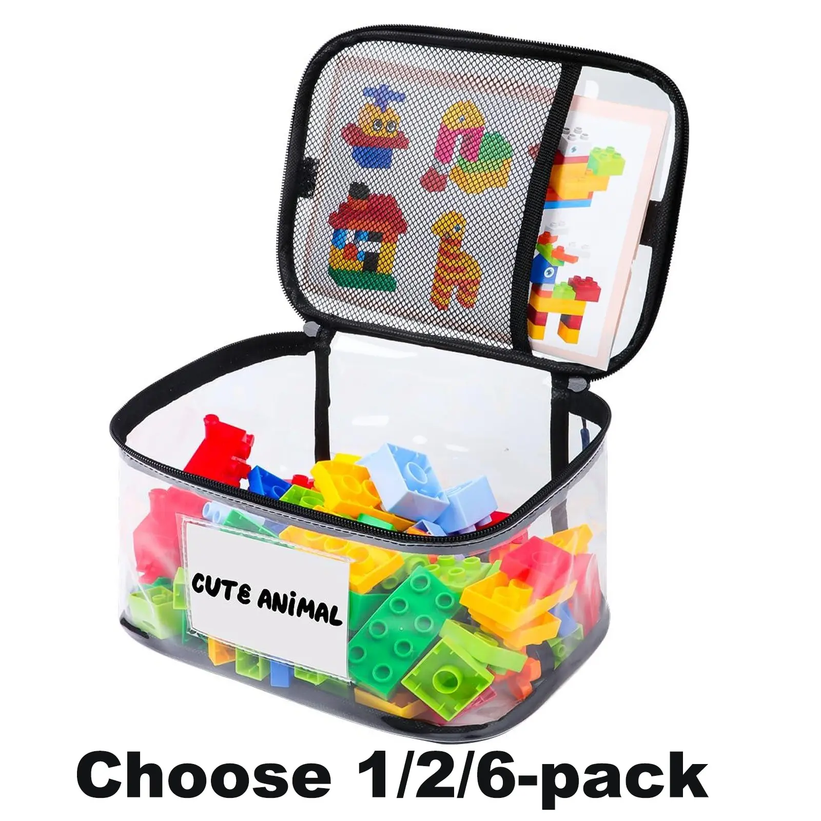 Clear Toy Storage Bag, Storage Organizers with Name Tag & Manual Pocket, Waterproof Transparent PVC Organizer for Lego Bricks, Board Games, Building Blocks, Puzzles, Zipper Pouches, Clear Storage Bags