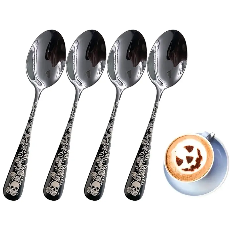 Gothic Skull & Rose Tea Spoons Set, Durable Stainless Steel Small Spoons for Coffee/Desserts/ice Cream/cakes, Halloween/festive Kitchen Decor