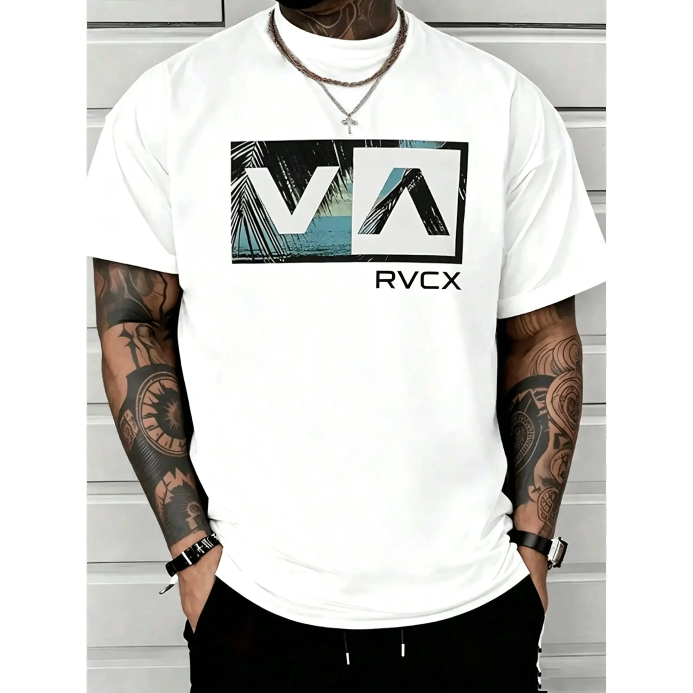 Men’s Loose Fit Cotton Fabric Short-Sleeve T-Shirt - RVCA Palm Beach Ocean Logo Graphic Menswear, West Coast Surf Streetwear Casual Sports Top, Shortsleeve, Tshirt, Round Neck, Casual Tee, Relaxed Fit