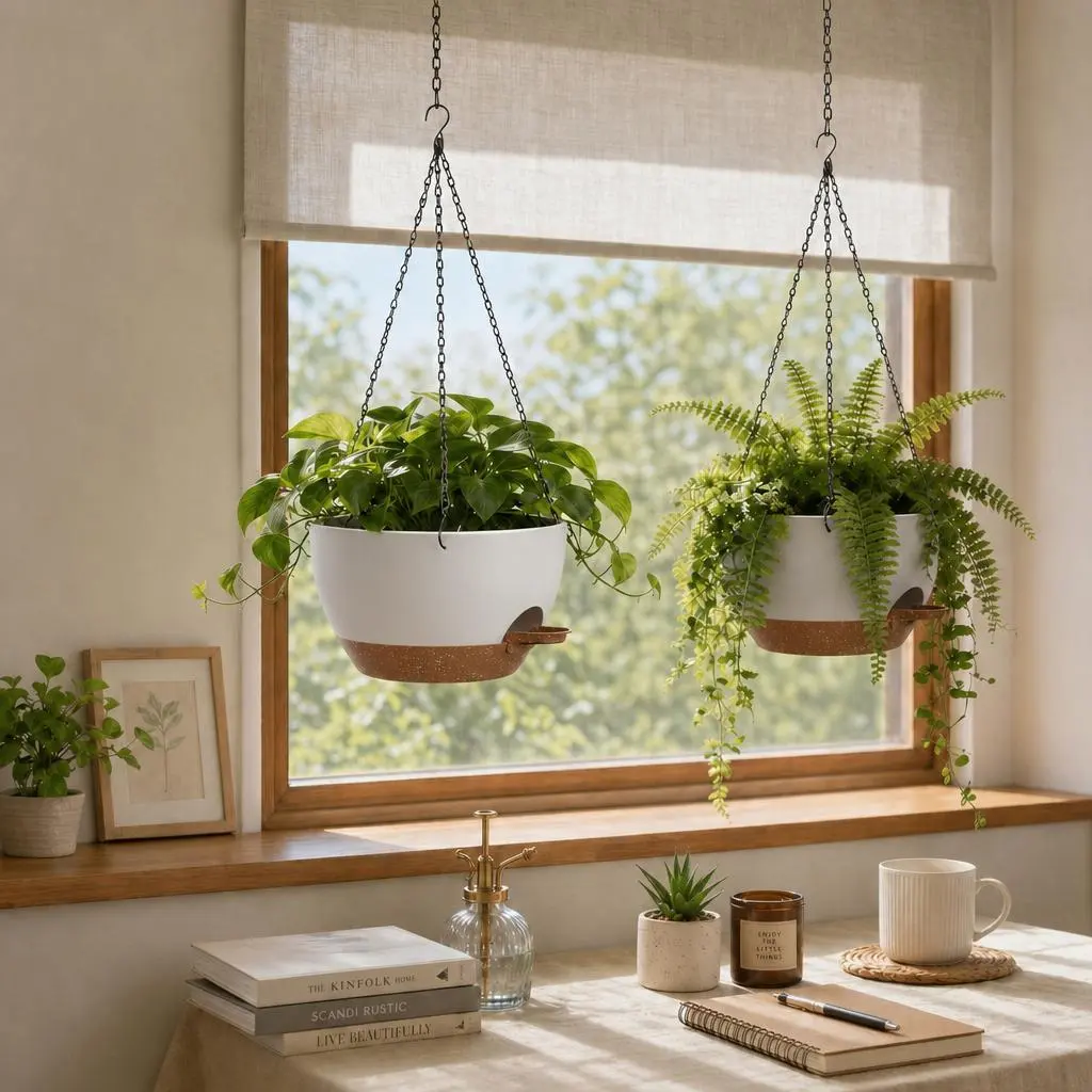 12-Inch Plastic Hanging Planters (2-Pack), 2-Tone Design with Built-In Water Tray, Iron Chains & Hooks for Balcony, Patio, Garden Supplies, Multiple Colors Available