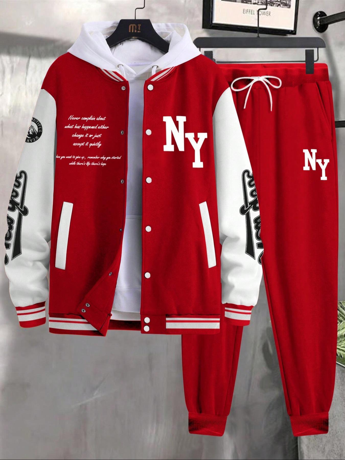 Men's Letter Print Slogan Baseball Jacket & Pants Two-piece Set, Loose Casual Long Sleeve Baseball Collar Outerwear & Trousers for Daily Wear, Men's Two-piece Outfits for Fall & Winter