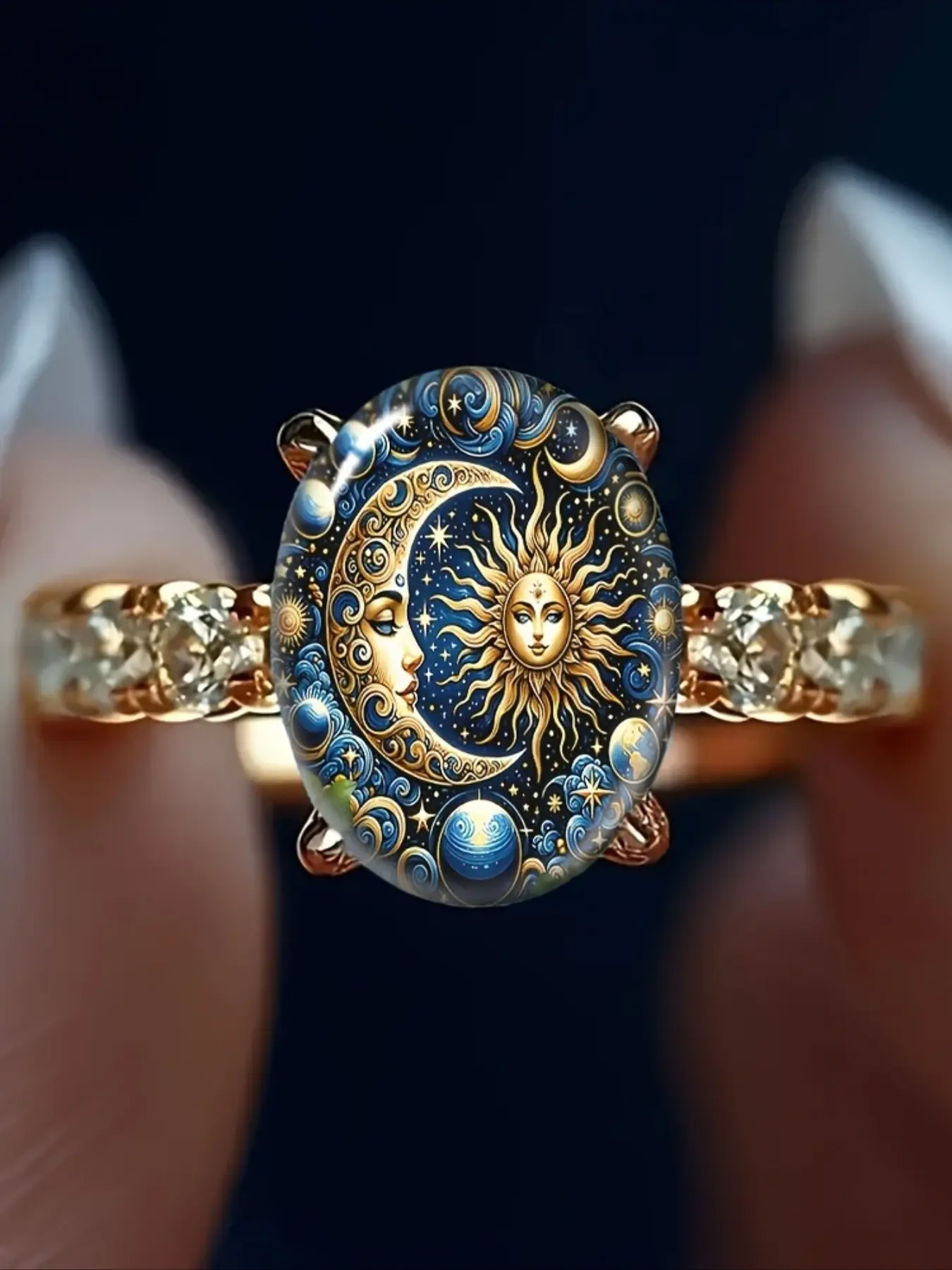 Vintage Sun Moon Celestial Oval Ring Golden Tone Cubic Zirconia Inlaid Star Galaxy Mystic Statement Ring Boho Party Jewelry Gift for Women Nature Inspired Rings