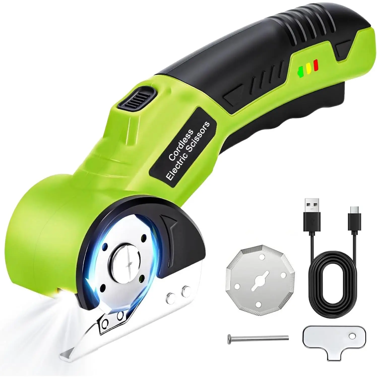 Cordless Electric , 4V Rechargeable Rotary Cardboard , 2 , Safety Lock & LED Light, Multipurpose  for Carton, Fabric, Carpet, Plastic, Leather