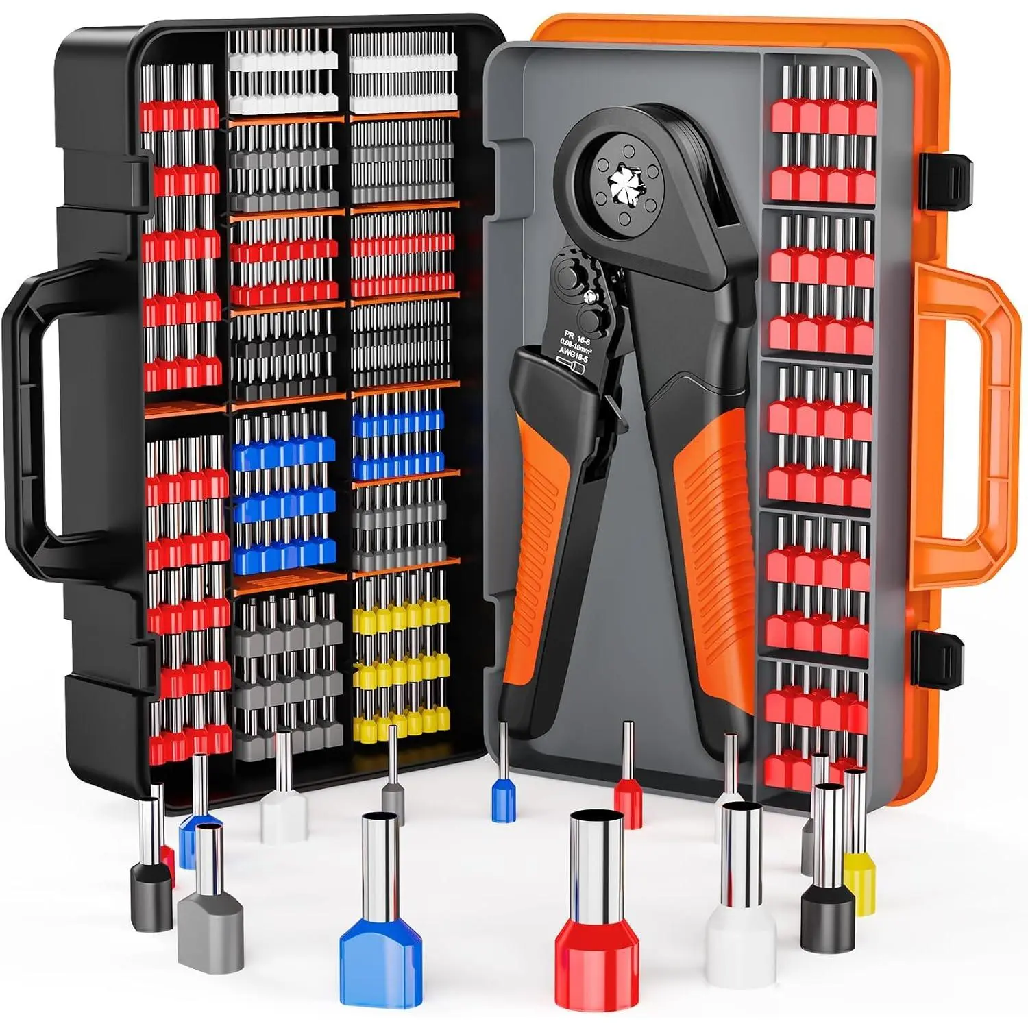 Ferrule Crimping Tool Kit - AWG 28-5 (0.08-16mm²) Hexagonal Ferrule  with 950 count Single and 350 count  Ferrules Connectors, Self-Adjustable Ratchet Ferrule Terminals Crimping Tool