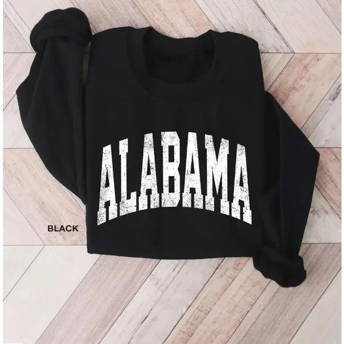 Distressed Alabama Vintage Letter Graphic Oversized Crewneck Sweatshirt, Soft Cotton Comfort Fashion Outfit, Retro State Pride Casual Top, Perfect Holiday Gift For Her Him Alabama Local Family Friend Present