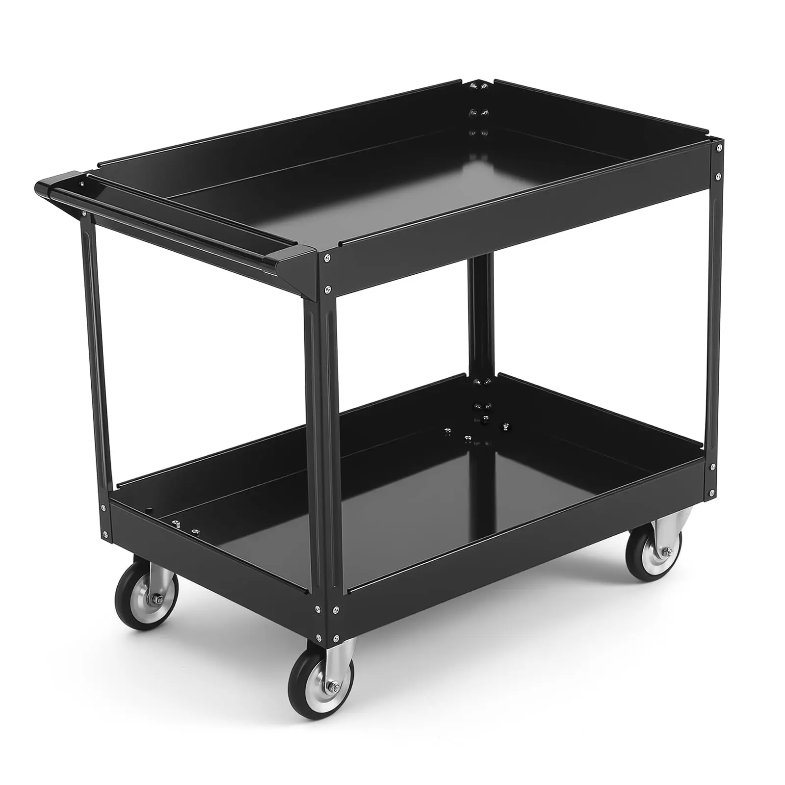 Heavy Duty 2 Shelf Utility Service Cart 500 Lbs Capacity Rolling Tool Cart with 5" Swivel Wheels Industrial Polypropylene Storage Organizer Workstation Premium Plastic Rolling Cart with Deep Trays for Garage Warehouse Workshop Office Black
