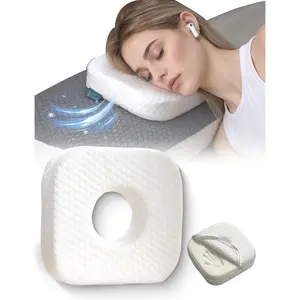 Cooling Ear Relief Pillow with Ear Piercing for Side Sleeping, Ear Hole Memory Foam Donut Pillows for Ear Pain CNH Earring Pierced Pillow, Square, WhiteGift.