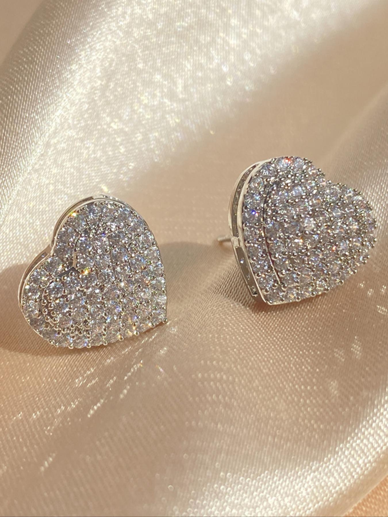 Elegant Heart Shaped Stud Earrings, Luxury Rhinestone Decor Stud Earrings, Fashion Matching Jewelry Accessories for Women, Rhinestone Decorated Bling, Studs Earrings