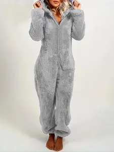 Women's Solid Zipper Hooded Plush Pajama Jumpsuit, Casual Long Sleeve Teddy Bear Ear Design Jumpsuit for Fall & Winter, Women's Sleepwear for Indoor Wear, Fluffy Lady Pajamas, Loungewear