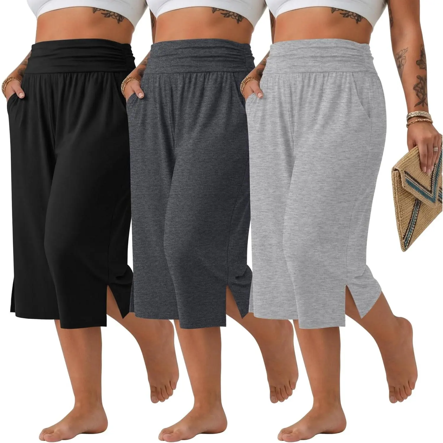 3 Pack Women's Plus Size Cotton Capri Pants High Waisted Wide Leg Loose Lounge Yoga Cropped Sweatpants with Pockets