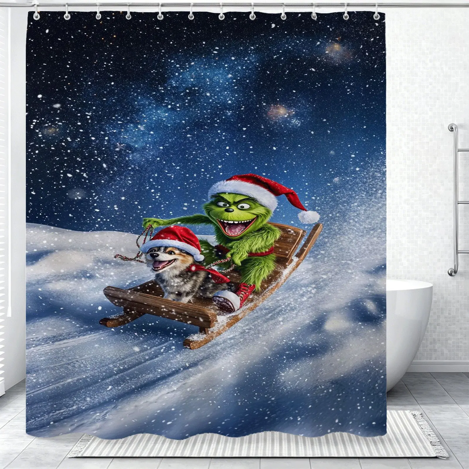 Christmas Grinch Shower Curtain, Santa Hat Snow Sled Winter Holiday Bathroom Curtain, Waterproof Fabric, Easy to Install, Suitable for Home Hotel Dorm, Festive Xmas Bathroom Decor Accessories